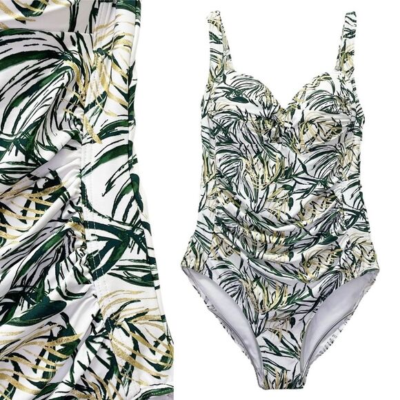 NWT Nip Tuck Swim One Piece Swimsuit Size 8 Green Tropical Palm Ruched Tummy NEW - Picture 1 of 15